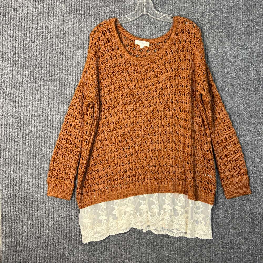 Umgee Womens Open Knit Fairy Grunge Sweater Size XL Orange Lace Hem Boho Cozy